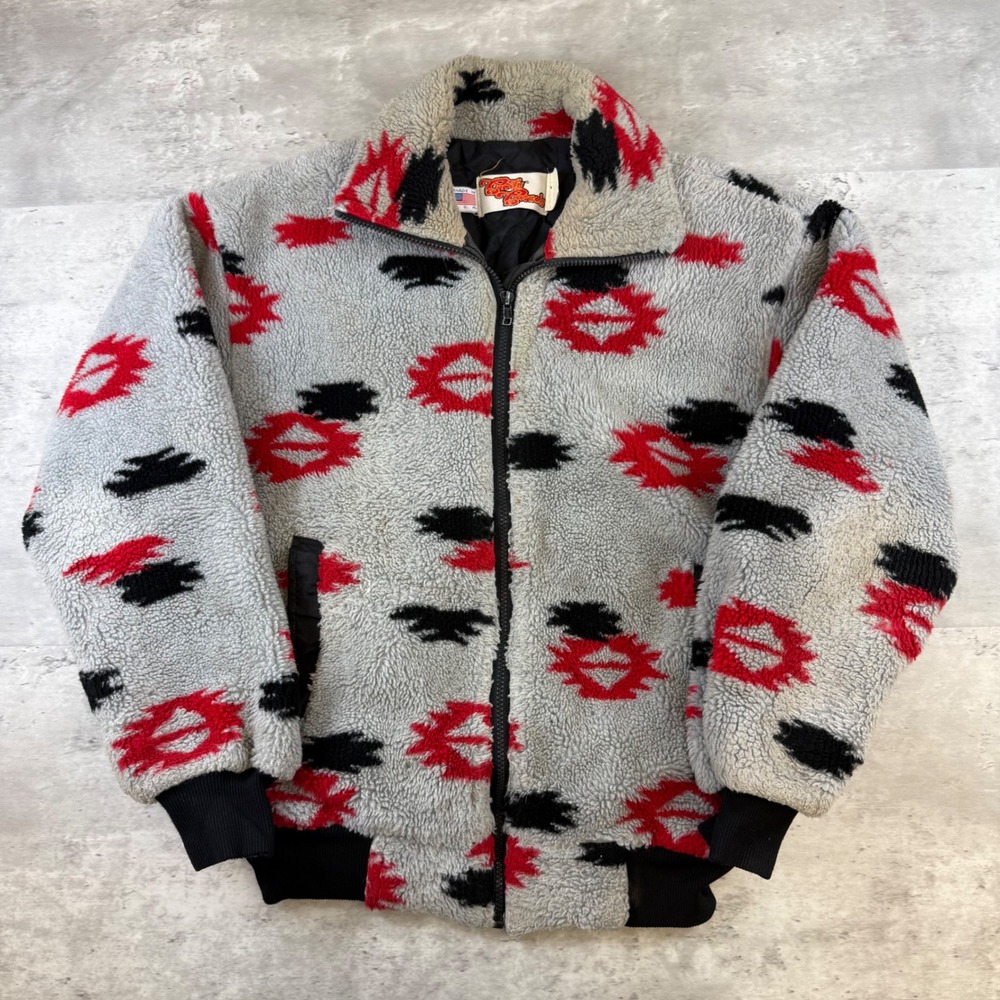 Vintage Comfy Casuals Aztec Sherpa Fleece Jacket Grey Red Black USA Made Mens M